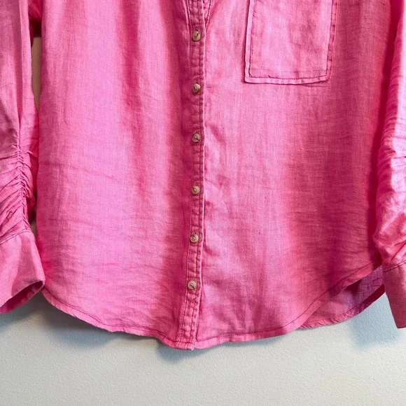 Anthropologie Maeve Linen Ruched Sleeve Button Down Shirt Pink XXS - Picture 7 of 11